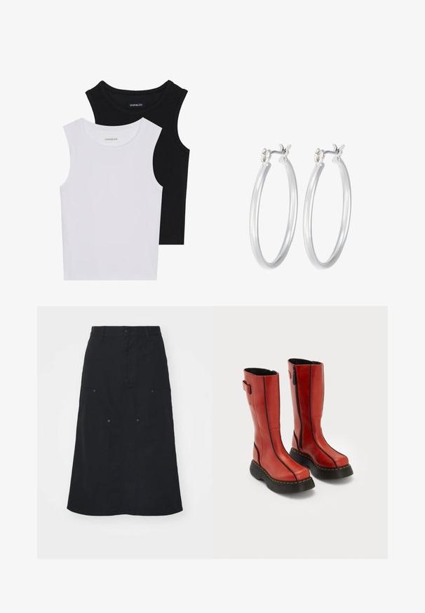 Två ärmlösa toppar i svart och vitt, tillverkade av ribbat bomull, med rund halsringning och en figurpassande design. Etiketter synliga på båda.; Svart kjol i bomull, med knappstängning framtill, två stora fickor och rak silhuett. Slät textur.; Höga röda läderstövlar med svarta tjocka sulor, sidizipper och svarta sömmar, stående sida vid sida mot en vit bakgrund.; Silverfärgade hoopörhängen med en slät, polerad yta. Rund form och säker klickstängning. Lättviktig design som passar för vardagligt bruk.