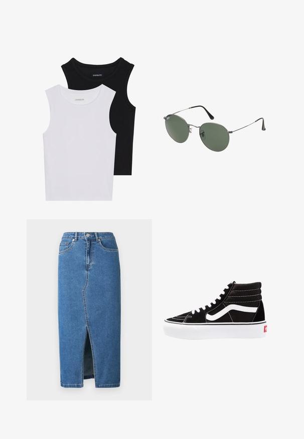 Dva majica bez rukava u crnoj i bijeloj boji, izrađene od rebrastog pamuka, s okruglim izrezima i prianjajućim dizajnom. Oznake su vidljive na obje.; Traper suknja srednje duljine u plavoj boji. Ima prednju prorez, visok remen te dizajn s pet džepova. Klasični šavovi i metalni detalji.; Crne visoke tenisice s bijelim vezicama, bijelim logotipom i kontrastnim bijelim šavovima. Imaju debeli bijeli potplat i teksturiranu nubuk gornjište.; Naočale s metalnim okvirom i ovalnim zelenim staklima. Tanka srebrna metalna konstrukcija i crni silikonski jastučići za uši. Minimalistički dizajn, bez vidljivih logotipa.