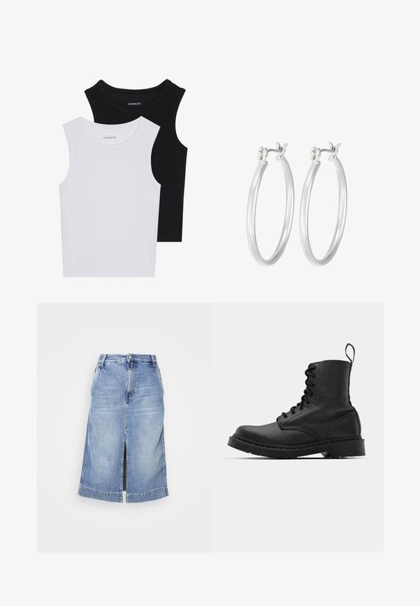Two sleeveless tops in black and white, made of ribbed cotton, featuring round necklines and a fitted design. Labels visible on both.; Light blue denim skirt featuring a knee-length cut, front slit, and traditional five-pocket design with a button closure and belt loops.; Black leather combat boot with a round toe, lace-up front, and a pull tab at the ankle. Features a thick rubber sole for durability.; Silver hoop earrings with a smooth, polished finish. Round shape and secure click-top closure. Lightweight design suitable for everyday wear.