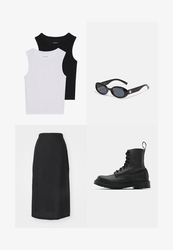 Twee mouwloze tops in zwart en wit, gemaakt van geribbelde katoen, met ronde halslijnen en een getailleerd ontwerp. Labels zichtbaar op beide.; Zwarte linnen midi-skirt met een hoge taille, soepele textuur, rechte snit en een zoom die net onder de knie valt. Geen zichtbare naden of patronen.; Zwarte leren gevechtslaars met een ronde neus, vetersluiting aan de voorkant en een lusje bij de enkel. Kenmerkt zich door een dikke rubberen zool voor duurzaamheid.; Zwarte ovale zonnebril met donkere lenzen, glanzend kunststof frame, brede zijkanten en een kleine gouden accent aan de zijkant.