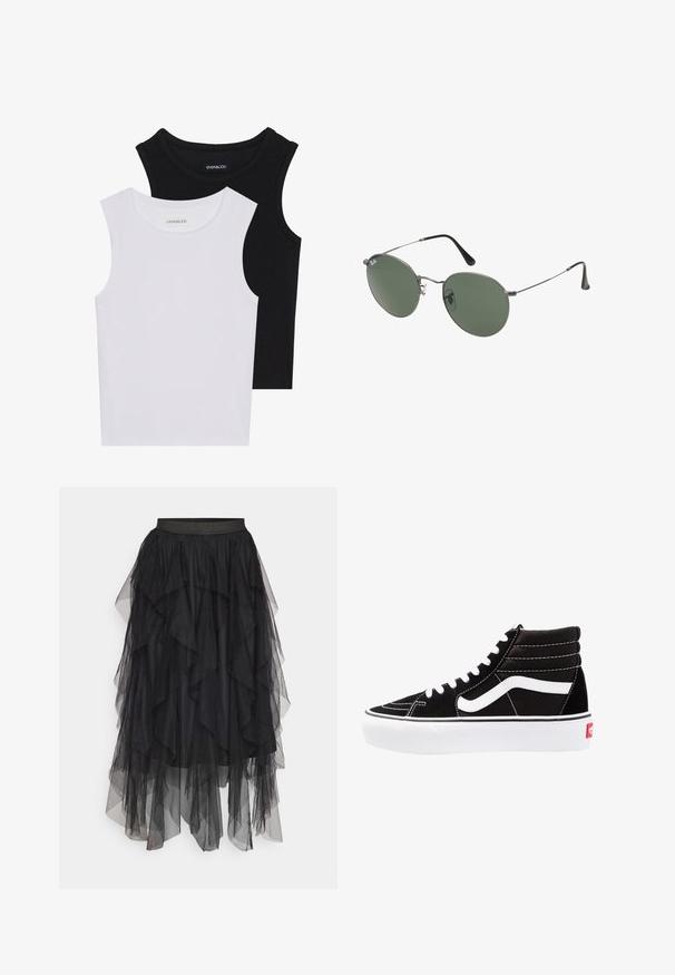Două topuri fără mâneci, în alb și negru, fabricate din bumbac ribbed, având decolteuri rotunde și un design ajustat. Etichetele sunt vizibile pe ambele.; Fustă din tul negru cu volane stratificate, având un talie elastică și lungimi variate. Textura transparentă îmbunătățește adâncimea vizuală.; Tenisi negri cu glezna înaltă, cu șireturi albe, un logo alb și cusături albe contrastante. Prezintă o talpă groasă albă și un exterior din nubuc texturat.; Ochelari de soare cu ramă metalică, dotati cu lentile ovale verzi. Ramă subțire din metal argintiu și ușițe negre. Design minimalist, fără logo-uri vizibile.