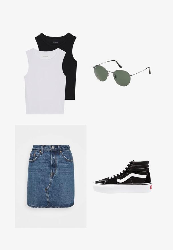 Kaks lühikeste varrukateta toppi mustas ja valges, valmistatud ribakudumist, ümarate kaelustega ja sobiva disainiga. Mõlemal on nähtavad sildid.; Levi's® DECON ICONIC - Teksaseelik - troy tricks; Mustad mustad sneakers valge paeltega, valge logo ja kontraste valge õmblusega. Omab paksu valget talda ja tekstureeritud nahkiga ülemist osa.; Metallist raamistikuga prillid ovaalsete roheliste läätsedega. Õhuke hõbedane metallraam ja mustad kõrvakatted. Minimalistlik disain, nähtavad logod puuduvad.