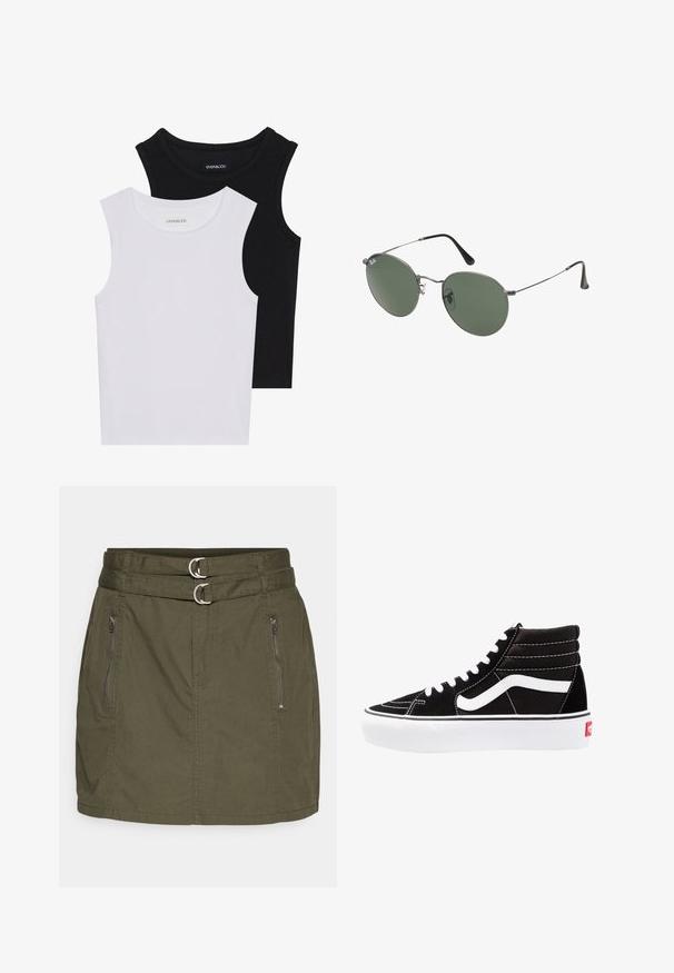 Dva majica bez rukava u crnoj i bijeloj boji, izrađene od rebrastog pamuka, s okruglim izrezima i prianjajućim dizajnom. Oznake su vidljive na obje.; Maslinasto zeleni suknja s pojasom koji sadrži dva srebrna prstena, dva bočna džepa na zip, te ravni, krojeni dizajn.; Crne visoke tenisice s bijelim vezicama, bijelim logotipom i kontrastnim bijelim šavovima. Imaju debeli bijeli potplat i teksturiranu nubuk gornjište.; Naočale s metalnim okvirom i ovalnim zelenim staklima. Tanka srebrna metalna konstrukcija i crni silikonski jastučići za uši. Minimalistički dizajn, bez vidljivih logotipa.
