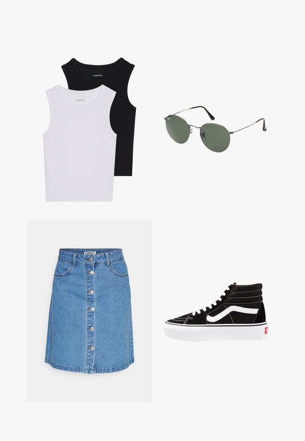 Deux hauts sans manches en noir et blanc, en coton côtelé, avec des encolures rondes et une coupe ajustée. Étiquettes visibles sur les deux.; Jupe en denim bleu clair avec une coupe ajustée, fermeture à boutons sur le devant, deux poches avant, et ourlet se terminant au-dessus du genou.; Baskets montantes noires avec des lacets blancs, un logo blanc et des coutures blanches contrastées. Dotées d'une épaisse semelle blanche et d'un dessus en daim texturé.; Lunettes de soleil en métal avec des verres ovales verts. Monture en métal argenté mince et embouts d'oreille noirs. Design minimaliste, sans logos visibles.