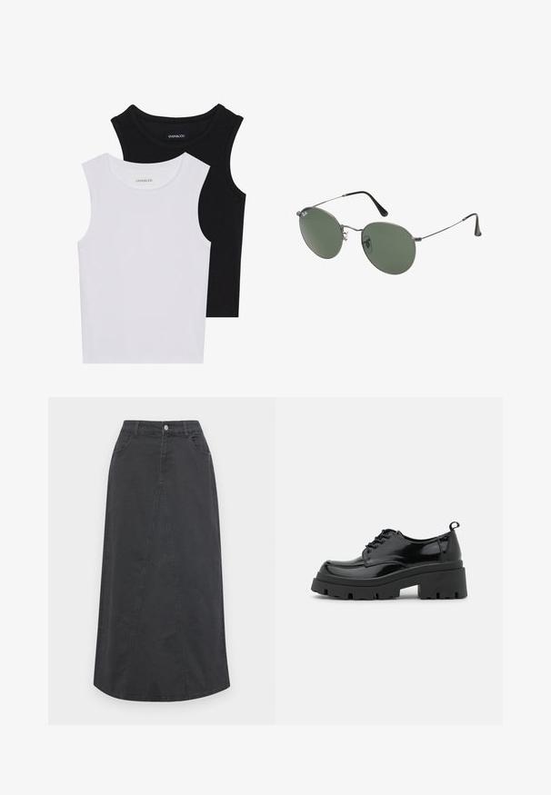 Divas bez piedurknēm melnbaltā krāsā, izgatavotas no ribotu kokvilnas, ar apaļām kakla izgriezumiem un pieguļošu dizainu. Uz abām ir redzami etiķetes.; Melnas denima svārki ar taisnu griezumu, ar priekšējo paneļa detaļu, divām kabatām, jostu cilpām un pogu aizdari jostasvietā.; Melnas lakotas ādas kurpes ar masīvu platformas zoli un biezām šņorēm. Apaļa purngala forma, minimālas detaļas un neliela papēža cilpa aizmugurē.; Metāla rāmji saulesbrillēm ar ovālām zaļām lēcām. Tievs sudraba metal rāmji un melni ausu spilventiņi. Minimalistiska dizaina, bez redzamām apzīmējumiem.