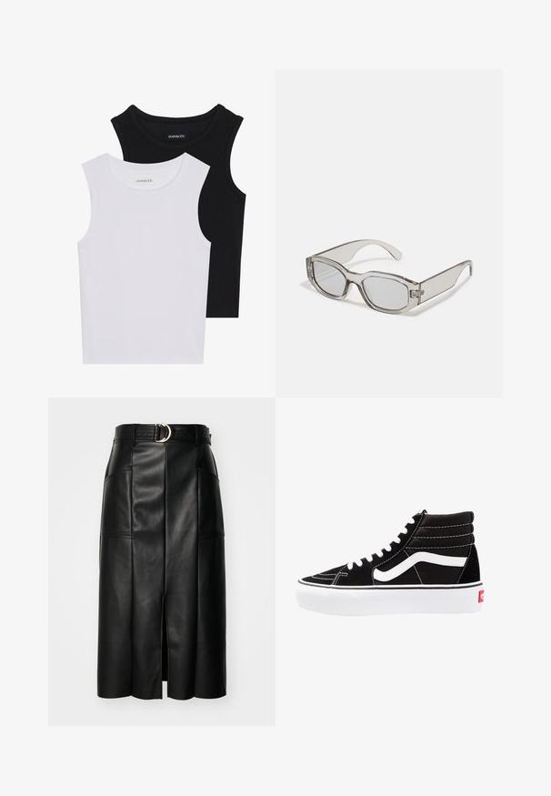 Δύο αμάνικα μπλουζάκια σε μαύρο και λευκό χρώμα, φτιαγμένα από ραμμένο βαμβάκι, με στρογγυλά ντεκολτέ και εφαρμοστό σχέδιο. Ορατές ετικέτες και στα δύο.; Μαύρη τεχνητή δερμάτινη μίντι φούστα με εμπρός σκίσιμο, υφή στην επιφάνεια και φαρδύ ζωνάκι που διαθέτει κυκλικό μεταλλικό κούμπωμα.; Μαύρα ψηλά αθλητικά παπούτσια με λευκές κορδόνες, λευκό λογότυπο και αντίθετη λευκή ραφή. Διαθέτουν παχιά λευκή σόλα και υφή από σουέντ.; Γκρι διαφανή γυαλιά ηλίου με ορθογώνιο σχήμα, επίπεδους φακούς και παχιές βραχίονες. Διαθέτουν μια διακριτική λεπτομέρεια με μεντεσέδες στους κρόταφους.