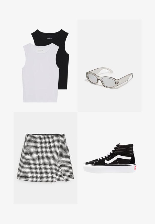 Dve brezrokavne majice v črni in beli barvi, izdelane iz rebrastega bombaža, z okroglimi izrezi in prilegajočim oblikovanjem. Oznake so vidne na obeh.; Črno-bela houndstooth mini krilo s pravim krojem, stranskim zadrgo in strukturiranim materialom. Enobarvna črna notranja podloga.; Črne visoke superge z belimi vezalkami, belim logotipom in kontrastnim belim šivom. Imajo debel bel podplat in teksturirano usnje.; Sive prozorne sončne naočale pravokotne oblike, s ploščatimi lečami in debelimi nogicami. Imajo subtilen detajl tečaja na templjih.