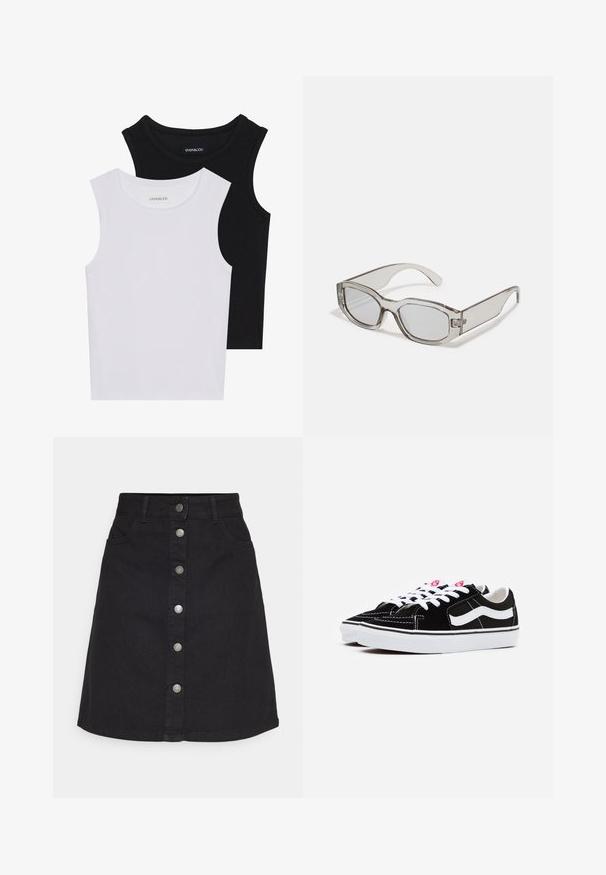 Divas bez piedurknēm melnbaltā krāsā, izgatavotas no ribotu kokvilnas, ar apaļām kakla izgriezumiem un pieguļošu dizainu. Uz abām ir redzami etiķetes.; Melnas denima svārki ar vertikālu pogu aizdari un piecām kabatām. Iezīmē taisnu dizainu un apakšmalu, izgatavoti no izturīga kokvilnas auduma.; Melnas zamšādas sporta apavi ar baltām šņorēm, ar izteiksmīgu baltu sānu joslu un melnu gumijas zoli, izceļoties ar kontrastējošām dūrienu detaļām.; Pelēki caurspīdīgi saulesbrilles ar taisnstūra formu, plakaniem stikliem un biezām kājiņām. Satur smalku eņģes elementu uz tempļiem.