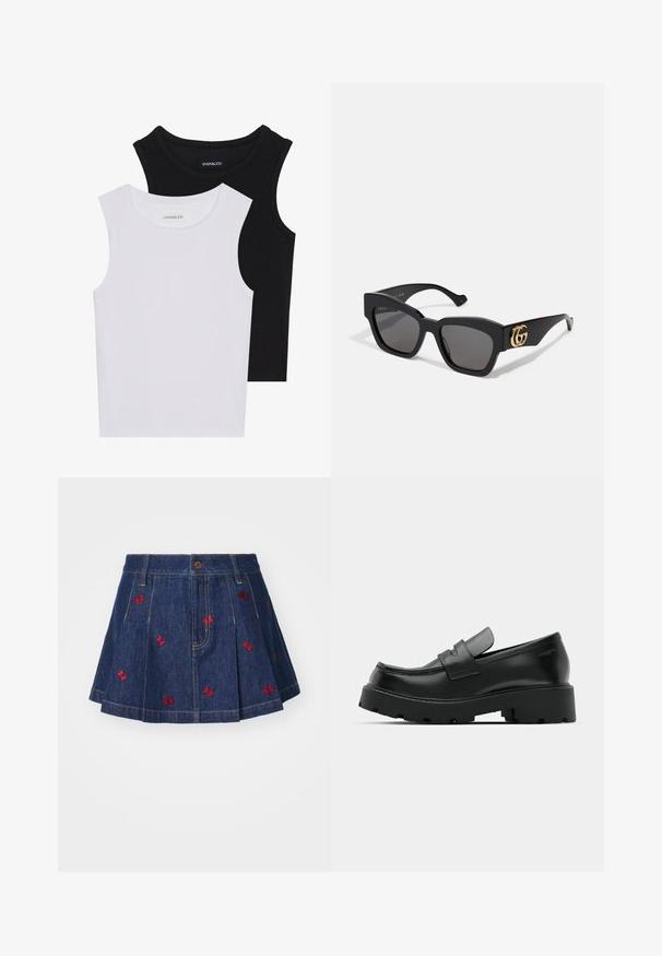 Dve brezrokavne majice v črni in beli barvi, izdelane iz rebrastega bombaža, z okroglimi izrezi in prilegajočim oblikovanjem. Oznake so vidne na obeh.; Denim krilo z naborki in temnim pranjem, ki vključuje rdeče vezenine metuljev ter klasičen pet-pocket dizajn s sprednjim gumbom za zapiranje.; Črne usnjene loafer čevlje z masivnim teksturiranim podplatom, opremljene z naramnico nad vampom in gladko, polirano površino.; Črne pravokotne sončna očala s temnimi lečami, opremljena z zlatim GG logotipom na strani. Narejena iz sijajnega plastičnega materiala z ravnimi ročaji.