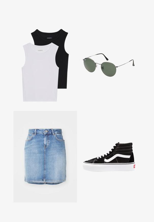 Divas bez piedurknēm melnbaltā krāsā, izgatavotas no ribotu kokvilnas, ar apaļām kakla izgriezumiem un pieguļošu dizainu. Uz abām ir redzami etiķetes.; Gaiši zils denim svārku, piemērots izmērs, ar piecām kabatām un redzamām dūrēm. Iespējota priekšējā pogu aizdare un plīša apakšmala.; Melnas augstās kedas ar baltām šņorēm, baltu logo un kontrastējošu baltu dūrienu. Iemīlda bieza balta zole un teksturēts zamšāda augšdaļa.; Metāla rāmji saulesbrillēm ar ovālām zaļām lēcām. Tievs sudraba metal rāmji un melni ausu spilventiņi. Minimalistiska dizaina, bez redzamām apzīmējumiem.