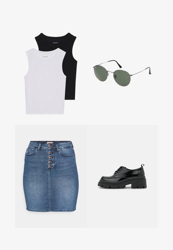 Dve bezrukávové topy v čiernej a bielej farbe, vyrobené z rebrovanej bavlny, s okrúhlym výstrihom a priliehavým strihom. Viditeľné štítky na oboch.; Džínsová sukňa v stredne modrej farbe s priliehavým strihom. Má päť gombíkov na prednej strane, dve predné vrecká a stehovaný lem.; Čierne lakované topánky s hrubou platformou a hrubými šnúrkami. Zaoblená špička, minimálne detaily a malá pätka na zadnej strane.; Sunglass s metalovým rámom s oválnymi zelenými šošovkami. Tenký strieborný kovový rám a čierne štuple za uši. Minimalistický dizajn, bez viditeľných log.