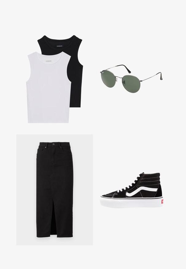 Dva majica bez rukava u crnoj i bijeloj boji, izrađene od rebrastog pamuka, s okruglim izrezima i prianjajućim dizajnom. Oznake su vidljive na obje.; Crna traper suknja s prednjim prorezom, visokim strukom i tradicionalnim stilom s pet džepova. Glatka tekstura i klasičan kroj.; Crne visoke tenisice s bijelim vezicama, bijelim logotipom i kontrastnim bijelim šavovima. Imaju debeli bijeli potplat i teksturiranu nubuk gornjište.; Naočale s metalnim okvirom i ovalnim zelenim staklima. Tanka srebrna metalna konstrukcija i crni silikonski jastučići za uši. Minimalistički dizajn, bez vidljivih logotipa.