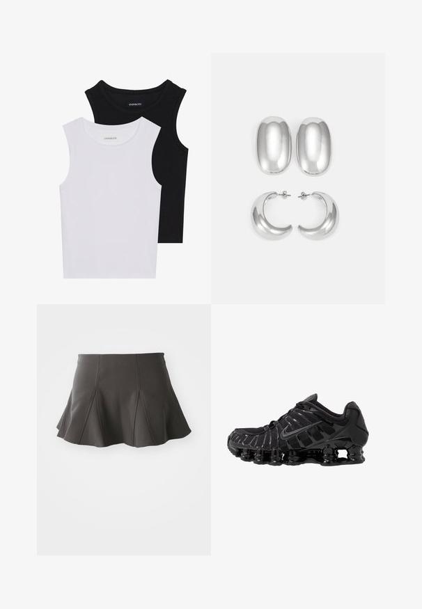 Divas bez piedurknēm melnbaltā krāsā, izgatavotas no ribotu kokvilnas, ar apaļām kakla izgriezumiem un pieguļošu dizainu. Uz abām ir redzami etiķetes.; Melnā daudzkārtējā svārku ar pieguļošu jostu, kurai ir vertikālas šuves un gluda tekstūra. Apakšmalas ir nedaudz izliekta un virs vidus tievās kājas.; Melnas sporta kurpes ar sietveida augšdaļu un spīdīgām virsmas daļām. Iezīmēta ar izliekta spirāla spilvenu un teksturētām līnijām sānos. Redzams Nike logo.; Sudraba krāsas auskari: divi ovāli studu auskari un divi pusmēness formas gredzeni, ar gludu, spīdīgu apdari un noapaļotu dizainu.