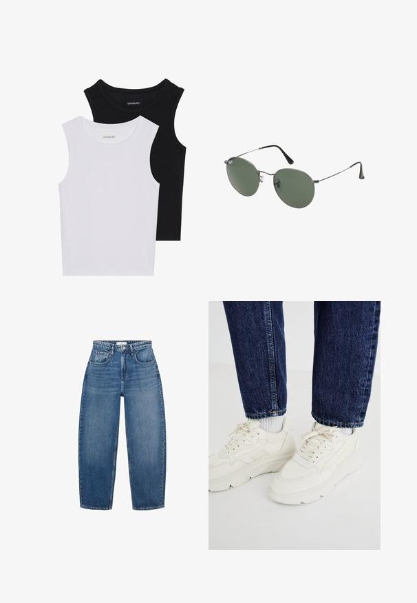 Zwei ärmellose Oberteile in Schwarz und Weiß, aus geripptem Baumwollstoff, mit runden Ausschnitten und einem taillierten Design. Etiketten auf beiden sichtbar.; Hochgeschnittene blaue Jeans aus Denim mit geradem Schnitt, ausgestattet mit fünf Taschen, Gürtelschlaufen und subtiler Ausbleichung für zusätzliche Textur.; Weiße Sportsneaker mit einer klobigen Sohle, Schnürdesign und strukturierten Paneelen. Kombiniert mit dunkelblauen Jeans und hellgrauen Socken.; Metallgestellte Sonnenbrille mit ovalen grünen Gläsern. Dünner silberner Metallrahmen und schwarze Ohrstücke. Minimalistisches Design, keine sichtbaren Logos.; Schwarze synthetische Schultertasche mit geschwungenem Silhouette, strukturiertem Finish, goldenem Dreiecks-Logo und abnehmbaren Hardware-Akzenten.