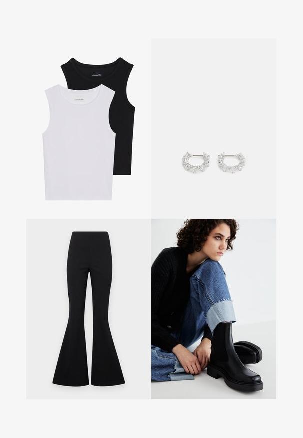 Two sleeveless tops in black and white, made of ribbed cotton, featuring round necklines and a fitted design. Labels visible on both.; Black flared trousers made of stretchy fabric with a smooth texture, featuring a high waist and wide, bell-bottom style legs.; Black ankle boots with elastic side panels, thick sole, and a square toe. Worn with distressed blue jeans featuring a frayed hem.; Silver hoop earrings featuring clear, rectangular and triangular crystals arranged in a patterned design. Posts for secure fastening.