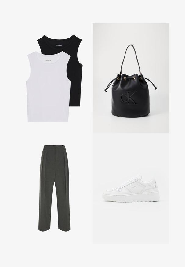 Two sleeveless tops in black and white, made of ribbed cotton, featuring round necklines and a fitted design. Labels visible on both.; Gray wide-leg trousers made of textured fabric, featuring a high waist and front pleats. The design includes a smooth waistband and no visible fastenings.; White sneakers with a smooth leather upper, perforated detailing, and a thick rubber sole. Features minimal branding and a lace-up design.; Black leather bucket bag with drawstring closure, featuring a glossy "CK" logo on the front and gold-tone hardware accents.