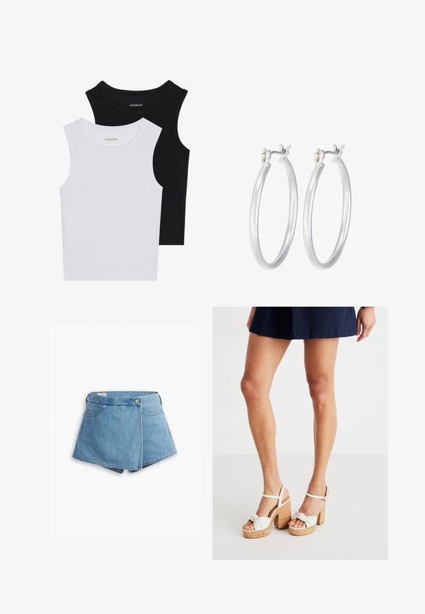 Divas bez piedurknēm melnbaltā krāsā, izgatavotas no ribotu kokvilnas, ar apaļām kakla izgriezumiem un pieguļošu dizainu. Uz abām ir redzami etiķetes.; Gaiši zili džinsu šorti ar aptverošu dizainu, priekšējām kabatām un metāla pogu aizdari. Gluda tekstūra ar izšūtām malām.; Baltas platform sandales ar korķa pamatni, mezglošanas priekšpuses dizains un potītes siksna atbalstam. Gluda tekstūra ar izturīgu bloka papēdi.; Sudraba riņķveida auss gredzeni ar gludu, pulētu apdari. Apaļa forma un drošs klikšķa augšējais slēgums. Viegls dizains, kas piemērots ikdienas valkāšanai.