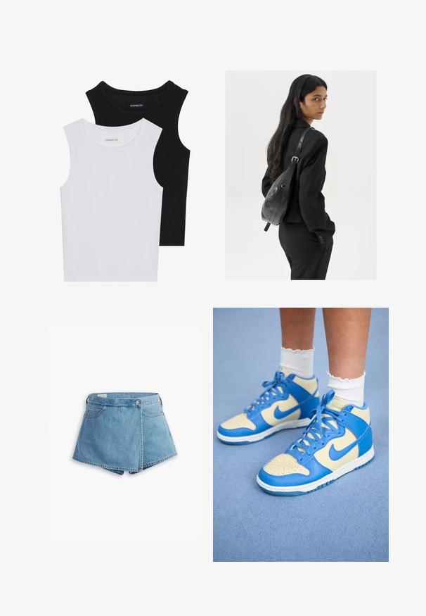 Divas bez piedurknēm melnbaltā krāsā, izgatavotas no ribotu kokvilnas, ar apaļām kakla izgriezumiem un pieguļošu dizainu. Uz abām ir redzami etiķetes.; Gaiši zili džinsu šorti ar aptverošu dizainu, priekšējām kabatām un metāla pogu aizdari. Gluda tekstūra ar izšūtām malām.; Zilā un krēmkrāsas augstie sporta apavi ar perforētu purngalu, kontrastējošu swoosh logo un struktūrzolētu ādas virsējo daļu. Pabeigti ar gaiši zilām šņorbām.; Sieviete ar garām tumšām matiem, ģērbusies melnā uzvalkā, nēsā melnu ādas plecu somu un skatās pāri plecam uz balta fona.
