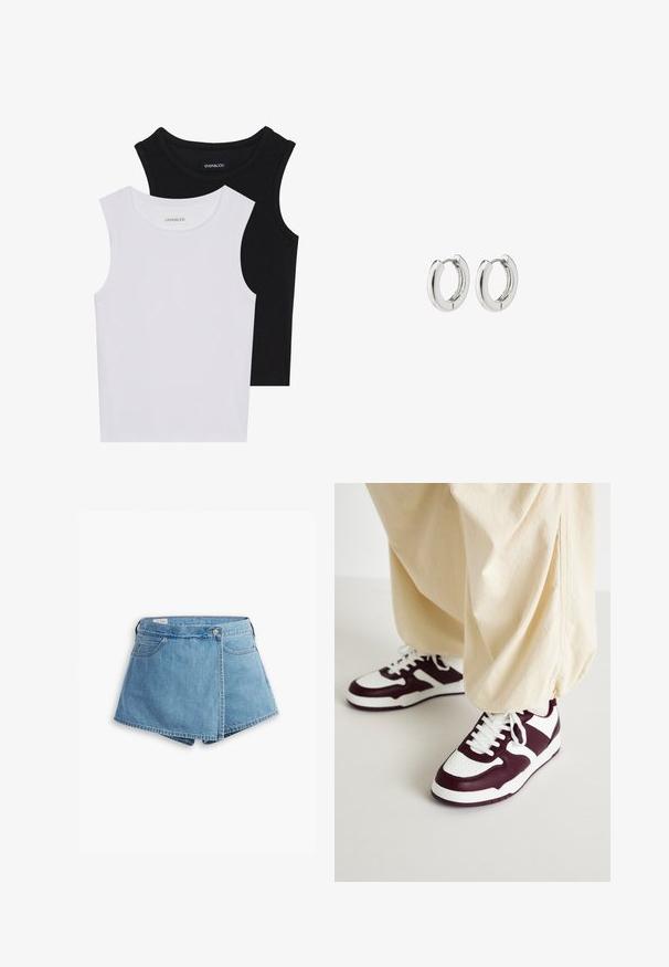 Deux hauts sans manches en noir et blanc, en coton côtelé, avec des encolures rondes et une coupe ajustée. Étiquettes visibles sur les deux.; Shorts en denim bleu clair, avec un design enveloppant, poches avant et fermeture à bouton en métal. Texture lisse avec bords cousus.; ONLY SHOES ONLSWIFT - Baskets basses - white/dark red; Boucles d'oreilles en argent avec une finition polie, présentant un design circulaire et des charnières sans soudure, affichant une texture lisse.