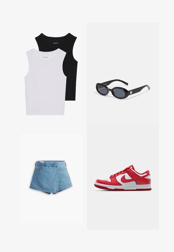 Kaksi hihattomaa toppia mustana ja valkoisena, valmistettu ribbikankaasta, jossa on pyöreät kaula-aukot ja tiukka muotoilu. Tunnisteet näkyvät molemmissa.; Vaaleansiniset farkkushortsit, joissa on vyötäröltä kietoutuva muotoilu, etutaskut ja metallinappikiinnitys. Tasainen pinta, jossa on ommellut reunat.; Punainen ja valkoinen Nike-tenniskenkä, jossa on nahkainen päällinen, rei'itetty varvasosa, litteät nauhat ja kumipohja, jossa on kuvioitu pito.; Mustat ovaalit aurinkolasit tummilla linsseillä, kiiltävä muovikehys, leveät sivut ja pieni kultainen yksityiskohta toisella puolella.