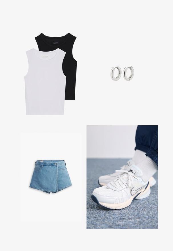 Due magliette senza maniche, in bianco e nero, realizzate in cotone a coste, con colli rotondi e un design aderente. Etichette visibili su entrambe.; Shorts in denim di colore azzurro chiaro, con un design avvolgente, tasche frontali e chiusura con bottone metallico. Tessuto liscio con bordi cuciti.; Scarpe da ginnastica Nike con upper in rete bianca e azzurro chiaro, dotate di una suola spessa, chiusura con lacci e un accento blu navy sul logo swoosh.; Orecchini a cerchio in argento con una finitura lucida, caratterizzati da un design circolare e cerniere senza soluzione di continuità, che mostrano una superficie liscia.