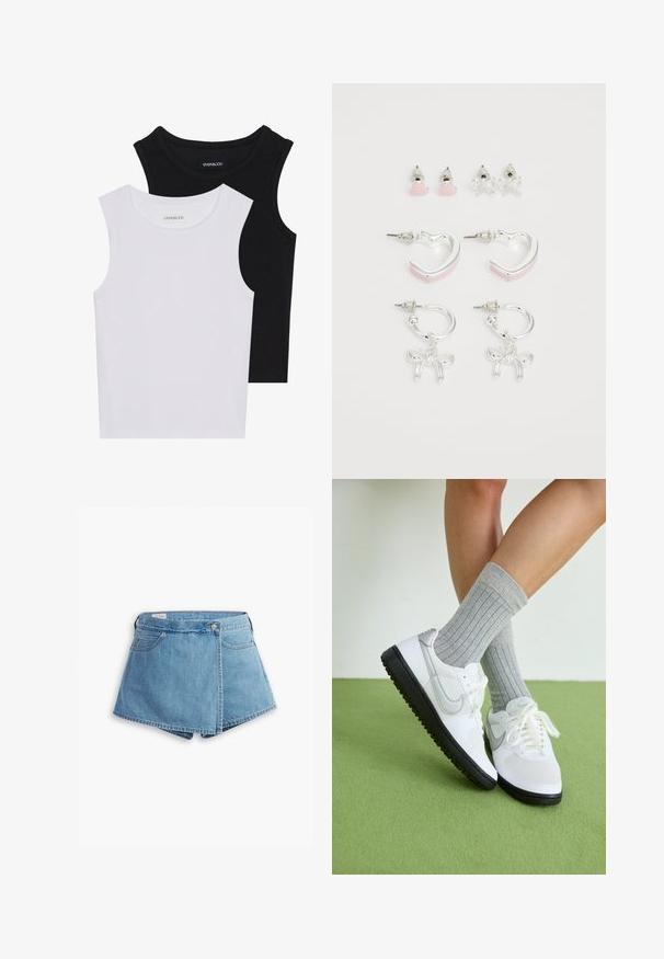 Duas blusas sem mangas em preto e branco, feitas de algodão canelado, com decotes redondos e um design ajustado. Etiquetas visíveis em ambas.; Bermuda de ganga em azul claro, com um design envolvente, bolsos frontais e fecho com botão metálico. Textura suave com bordas cosidas.; Tênis brancos com detalhes cinzas, sola de borracha preta e atacadores brancos, combinados com meias caneleiras cinzas claras, colocados sobre uma superfície verde.; Conjunto de quatro brincos: dois brincos em forma de argola prateada com detalhes em rosa, dois brincos de pressão em forma de coração e laço, todos com acabamentos metálicos brilhantes.