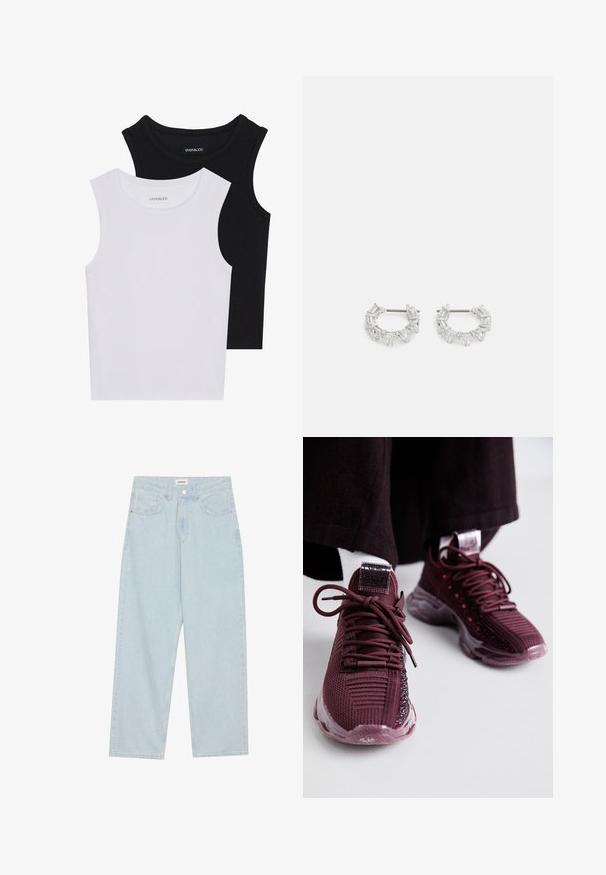 Dva majica bez rukava u crnoj i bijeloj boji, izrađene od rebrastog pamuka, s okruglim izrezima i prianjajućim dizajnom. Oznake su vidljive na obje.; Svijetloplave široke traperice s srednjim strukom, pet džepova i zatvaranjem na gumba s uskim metalnim detaljem.; Burgundijske sportske cipele s mrežastim gornjim dijelom, teksturiranim detaljima, okruglim vezicama i prozirnom gumenom potplatu; sadrže logotip na jeziku i peti.; Srebrne naušnice od obruča s pravokutnim i trokutnim prozirnim kristalima aranžiranim u kružnom uzorku, s središnjim postom za zatvaranje.
