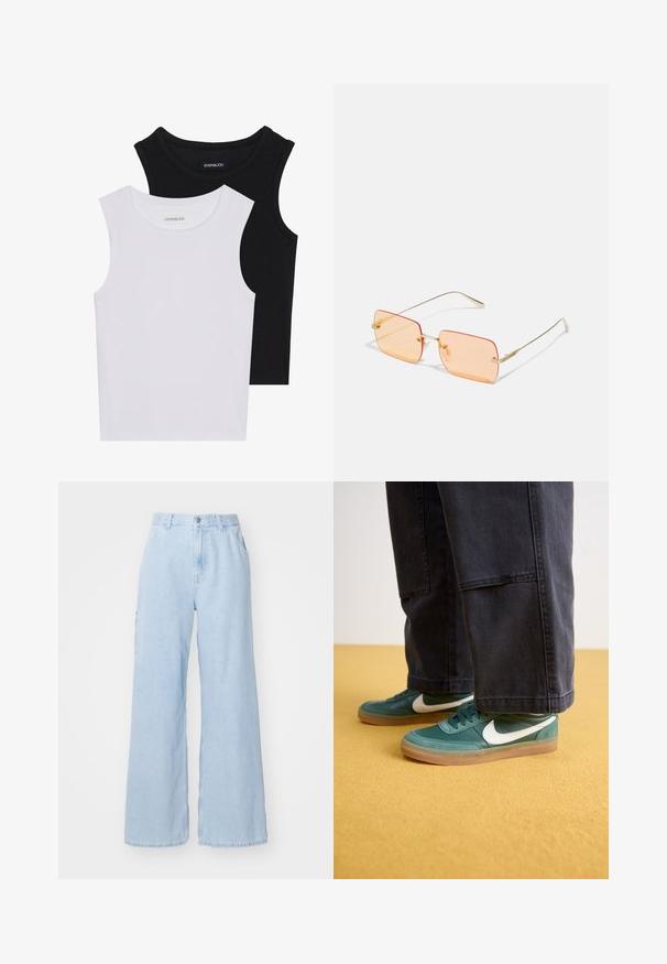 Duas blusas sem mangas em preto e branco, feitas de algodão canelado, com decotes redondos e um design ajustado. Etiquetas visíveis em ambas.; Jeans de perna larga azul clara feitos de denim, com bolsos frontais, passadores de cinto e fecho de botão. Textura lisa e acabamento limpo.; Ténis verdes com um swoosh branco, apresentando uma sola de borracha lisa e uma parte superior de couro suave. Combinados com calças escuras contra um fundo amarelo.; Óculos de sol com armação metálica dourada e lentes retangulares com tonalidade laranja. Braços finos distintos e subtils detalhes texturizados perto das dobradiças.