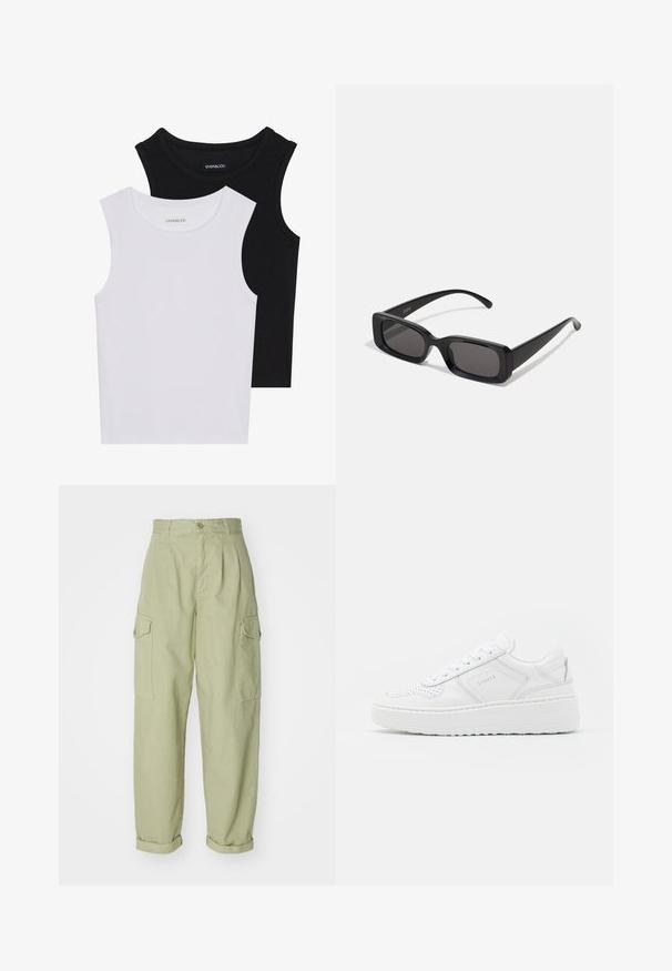 Two sleeveless tops in black and white, made of ribbed cotton, featuring round necklines and a fitted design. Labels visible on both.; Light green cargo pants made from cotton fabric. Features a high waist, rolled cuffs, and two side cargo pockets for added utility.; White sneakers with a smooth leather upper, perforated detailing, and a thick rubber sole. Features minimal branding and a lace-up design.; Black rectangular sunglasses with dark lenses, glossy finish, wide arms, and a chunky frame design. Engraved brand name on one arm.; Silver hoop earrings with a smooth, polished finish. Round shape and secure click-top closure. Lightweight design suitable for everyday wear.