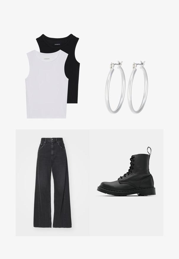 Kaks lühikeste varrukateta toppi mustas ja valges, valmistatud ribakudumist, ümarate kaelustega ja sobiva disainiga. Mõlemal on nähtavad sildid.; Mustad laiad joped, mis on valmistatud denimist, kõrge taljega, millel on kaks esikotti ja klassikaline viie koti disain.; Mustad mustavi combat kingad ümmarguse varbaga, paeltega esiosa ja säärel tõmbeaas. Omab paksu kummist tallat, mis tagab vastupidavuse.; Hõbedased rõngaskõrvarõngad, millel on sile, läikiv viimistlus. Ümmargune kuju ja turvaline klõpsulatus. Kerge disain, sobib igapäevaseks kandmiseks.