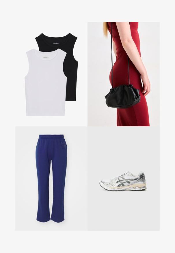 Du kamščių be rankovių juodos ir baltos spalvų, pagaminti iš banguoto medvilnės, su apvaliais kaklo iškirpimais ir priglundančiu siluetu. Matomi etiketės abiejuose.; GAP LOGO PANT - Treningo apatinė dalis - bellwether blue; Balti sportiniai bateliai su sidabriniais ir juodais akcentais, tinklinė viršutinė dalis, tekstūruotas dizainas, paminkštintas padas ir lankstus protektoriaus raštas.; Juodas, nuolaidus rankinukas, pagamintas iš lygios medžiagos, su uždarymu raiščiu ir dviem petinėmis diržais, laikomas žmogaus, vilkinčio raudoną suknelę.