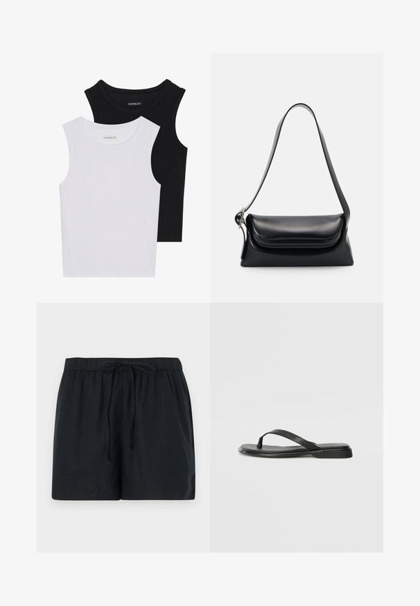 Twee mouwloze tops in zwart en wit, gemaakt van geribbelde katoen, met ronde halslijnen en een getailleerd ontwerp. Labels zichtbaar op beide.; Zwarte linnen shorts met een elastische tailleband en een drawstring, bieden een ontspannen pasvorm en een gladde textuur.; Zwarte teenflip-flop van glad leer, met een dunne band en een platte zool met een minimalistisch profiel. Geen opvallende patronen of accenten.; Zwarte leren handtas met een gestructureerde vorm, een gladde textuur en een enkele schouderband. Heeft een subtiele, afgeronde klepontwerp.
