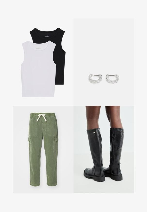 Dwie bezrękawniki w kolorze czarnym i białym, wykonane z prążkowanej bawełny, z okrągłymi dekoltami i dopasowanym fasonem. Widoczne etykiety na obu.; Zielone spodnie cargo wykonane z bawełny, w luźnym kroju, z elastycznym pasem, sznurkiem oraz dwiema dużymi kieszeniami po bokach. Miękka tekstura.; Czarne skórzane kozaki do kolan o gładkiej fakturze, okrągłym nosku, grubej podeszwie i zamek błyskawiczny. Na boku znajduje się srebrne logo.; Srebrne kolczyki w kształcie kół z przezroczystymi, prostokątnymi i trójkątnymi kryształami ułożonymi w wzorzysty design. Zapięcia dla zapewnienia bezpieczeństwa.