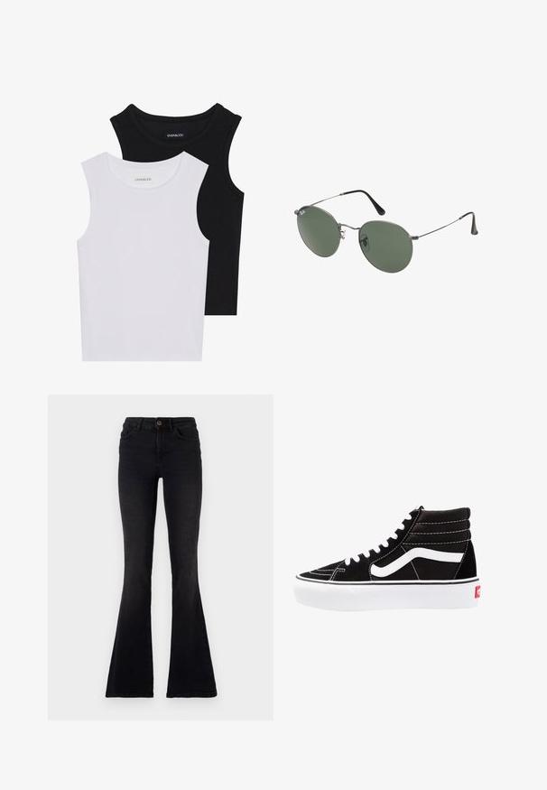 Kaksi hihattomaa toppia mustana ja valkoisena, valmistettu ribbikankaasta, jossa on pyöreät kaula-aukot ja tiukka muotoilu. Tunnisteet näkyvät molemmissa.; Mustat leveälahkeiset farkut denim-materiaalista. Korkea vyötärö nappikiinnityksellä, tyylikäs muotoilu ja voimakkaasti levenevät lahkeet alhaalla.; Mustat korkeat tennarit valkoisilla nauhoilla, valkoisella logolla ja kontrastoivalla valkoisella ompelulla. Ominaisuuksiin kuuluu paksu valkoinen pohja ja teksturoitu mokkanahkainen päällinen.; Aurinkolasit metallikehyksillä, joissa on soikeat vihreät linssit. Ohut hopeinen metallikehys ja mustat korvapehmusteet. Minimalistinen muotoilu, ei näkyviä logoja.