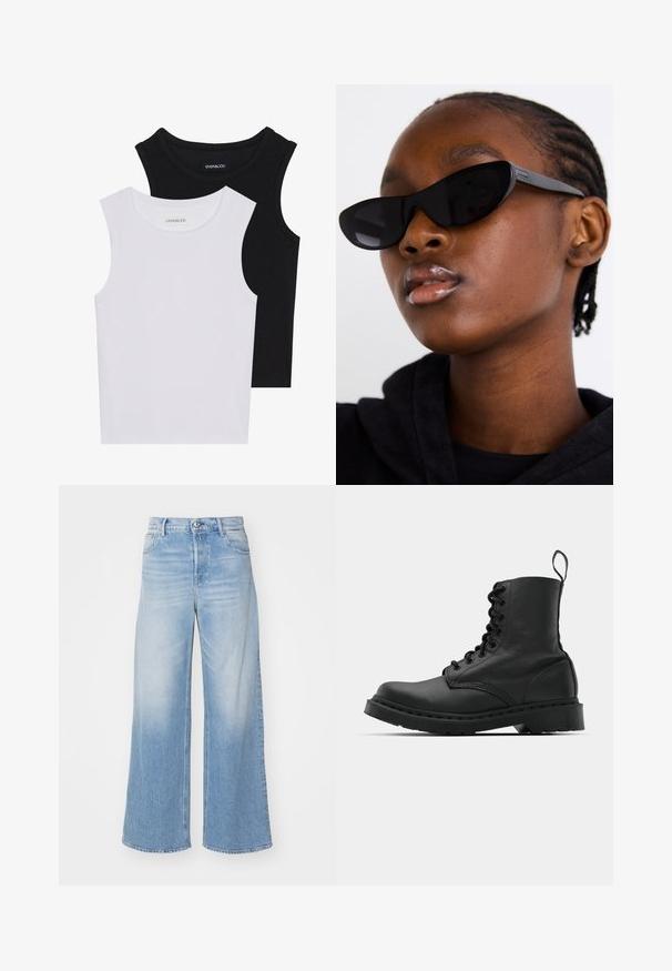 Två ärmlösa toppar i svart och vitt, tillverkade av ribbat bomull, med rund halsringning och en figurpassande design. Etiketter synliga på båda.; Ljust blå vida jeans i denim, med hög midja, knappstängning och framfickor med subtila blekningar. Raka nederkanter.; Svart läderkampsko med rund tå, snörning fram och dragflik vid vristen. Har en tjock gummisula för hållbarhet.; Svarta kattögon-solglasögon med matt yta, med en elegant design och lätt böjda kanter, placerade mot en modells mörka kläder.