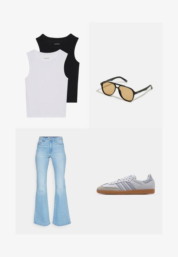 Dwie bezrękawniki w kolorze czarnym i białym, wykonane z prążkowanej bawełny, z okrągłymi dekoltami i dopasowanym fasonem. Widoczne etykiety na obu.; Jasnoniebieskie dżinsy w kształcie dzwonów, wykonane z denimu, z wysokim stanem, kieszeniami z przodu i starannie wykończonymi brzegami z widocznym szwem.; Białe skórzane trampki z jasnoniebieskimi akcentami, szarym zamszowym noskiem i brązową gumową podeszwą. Posiadają trzy niebieskie paski oraz logo "Samba".; Czarne okulary przeciwsłoneczne z brązowymi szkłami; prostokątny kształt z grubą oprawą, z delikatnymi akcentami na zausznikach.