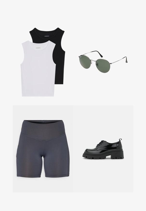 Dve bezrukávové topy v čiernej a bielej farbe, vyrobené z rebrovanej bavlny, s okrúhlym výstrihom a priliehavým strihom. Viditeľné štítky na oboch.; Tmavošedé športové šortky vyrobené z hladkého, elastického materiálu. Obsahujú vysoký pás s kontrastným prešívaním a detail bočnej vrecka.; Čierne lakované topánky s hrubou platformou a hrubými šnúrkami. Zaoblená špička, minimálne detaily a malá pätka na zadnej strane.; Sunglass s metalovým rámom s oválnymi zelenými šošovkami. Tenký strieborný kovový rám a čierne štuple za uši. Minimalistický dizajn, bez viditeľných log.