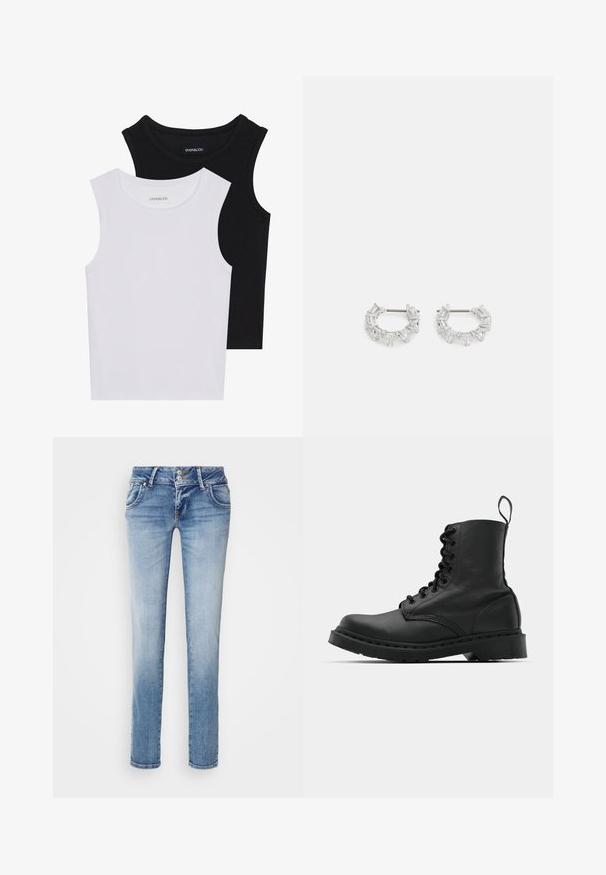 Dve brezrokavne majice v črni in beli barvi, izdelane iz rebrastega bombaža, z okroglimi izrezi in prilegajočim oblikovanjem. Oznake so vidne na obeh.; Svetlo modri traper hlače s ravno nogo, pet žepov, zapiranje z dvema gumboma in subtilnim zbledeljem, z kontrastnimi šivi.; Črne usnjene vojaške škornje s okroglo konico, z vezalkami spredaj in z zanko na gležnju. Imajo debele gumijaste podplate za dolgo življenjsko dobo.; Srebrni obročasti uhani, ki vsebujejo prozorne, pravokotne in trikotne kristale, razporejene v vzorčnem dizajnu. Imajo nastavke za varno pritrjevanje.