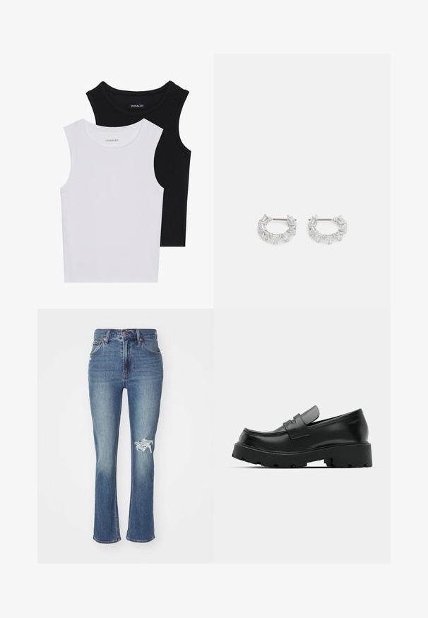 Du kamščių be rankovių juodos ir baltos spalvų, pagaminti iš banguoto medvilnės, su apvaliais kaklo iškirpimais ir priglundančiu siluetu. Matomi etiketės abiejuose.; Mėlynos džinsinės kelnės su plačiu apvadu, aukštu liemeniu, šiek tiek pažeistos kairėje kelyje ir tradicine penkių kišenių dizainu.; Juodi odiniai loafersai su storu tekstūruotu padu, turintys dirželį per vampą ir lygų, blizgantį paviršių.; Sidabrinės auskarų kabliukų formos auskarai, papuošti aiškiais, stačiakampiais ir trikampiais kristalais, kurie išdėstyti raštuotu dizainu. Tvirtinimai, užtikrinantys saugų prilaikymą.