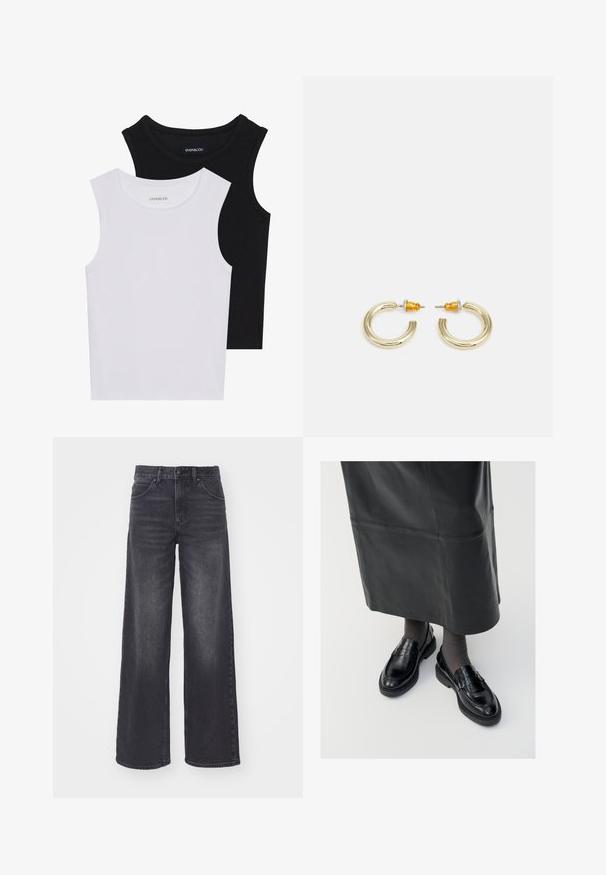 Dvě bezramínková trička v černé a bílé barvě, vyrobená z žebrované bavlny, s kulatými výstřihy a přiléhavým střihem. Obojí má viditelné štítky.; Tmavě šedé široké džíny vyrobené z denimu, s vysokým pasem, pěti kapsami a jemným promačkáním na přední straně.; Černé kožené polobotky s hladkým povrchem, zdobené páskem, s kulatou špičkou a texturovanou podrážkou. Nosené s dlouhou černou koženou sukní.; Náušnice ve tvaru kruhu zlaté barvy s hladkým, zaobleným tvarem a lesklým povrchem. Na zadní straně mají oranžové akcenty pro bezpečné upevnění.