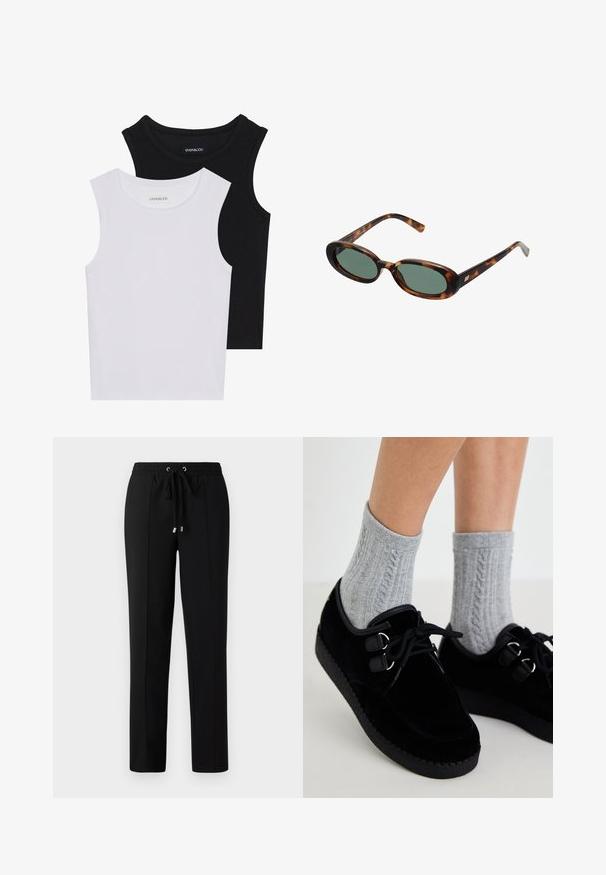 Two sleeveless tops in black and white, made of ribbed cotton, featuring round necklines and a fitted design. Labels visible on both.; Black pants with an elastic waistband, drawstring, and gold hardware accents. The fabric has a smooth texture with a straight leg design.; Black velvet shoes with flat soles, round toe, and double eyelets. Worn with gray cable-knit socks. Smooth texture and simple design.; Tortoiseshell sunglasses with oval frames and green lenses. Features thin arms with a metallic accent near the hinges.