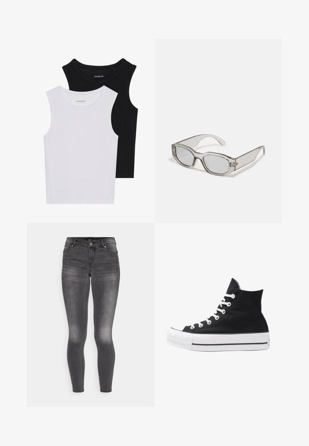 Duas blusas sem mangas em preto e branco, feitas de algodão canelado, com decotes redondos e um design ajustado. Etiquetas visíveis em ambas.; Jeans skinny cinzentos feitos de denim com um acabamento desbotado, apresentando um fecho de zíper e botão à frente, cinco bolsos e uma silhueta ajustada.; Shoe de lona preta de cano alto com ilhós, atacadores e sola de borracha brancos. Apresenta um bico texturizado e detalhes em riscas preta e branca.; Óculos de sol cinzentos e translúcidos com formato retangular, lentes planas e braços espessos. Apresentam um detalhe de charneira discreto nas hastes.