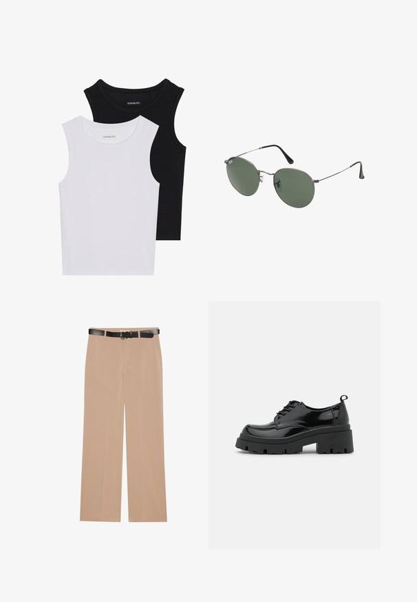 Deux hauts sans manches en noir et blanc, en coton côtelé, avec des encolures rondes et une coupe ajustée. Étiquettes visibles sur les deux.; Pantalons larges beige avec une texture lisse, dotés d'une ceinture noire avec une boucle en argent et de deux poches latérales.; Chaussures en cuir patiné noir avec une semelle épaisse et chunky, dotées de lacets épais. Embout arrondi, détails minimaux et un petit tirant à l'arrière.; Lunettes de soleil en métal avec des verres ovales verts. Monture en métal argenté mince et embouts d'oreille noirs. Design minimaliste, sans logos visibles.