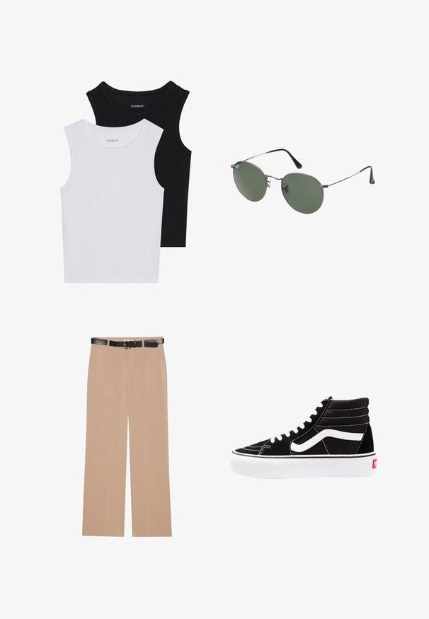 Dva majica bez rukava u crnoj i bijeloj boji, izrađene od rebrastog pamuka, s okruglim izrezima i prianjajućim dizajnom. Oznake su vidljive na obje.; Bež široke hlače s glatkom teksturom, s crnim remenom sa srebrnom kopčom i dva bočna džepa.; Crne visoke tenisice s bijelim vezicama, bijelim logotipom i kontrastnim bijelim šavovima. Imaju debeli bijeli potplat i teksturiranu nubuk gornjište.; Naočale s metalnim okvirom i ovalnim zelenim staklima. Tanka srebrna metalna konstrukcija i crni silikonski jastučići za uši. Minimalistički dizajn, bez vidljivih logotipa.