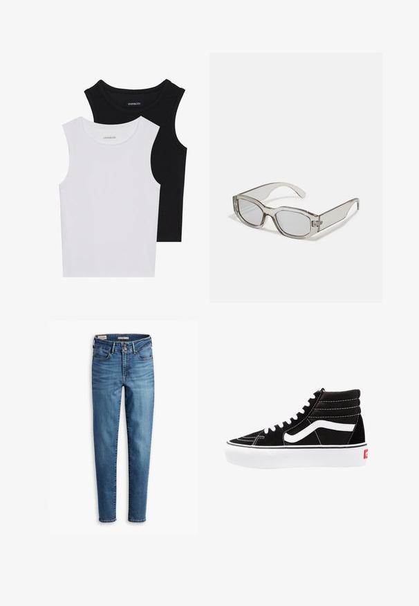 Kaksi hihattomaa toppia mustana ja valkoisena, valmistettu ribbikankaasta, jossa on pyöreät kaula-aukot ja tiukka muotoilu. Tunnisteet näkyvät molemmissa.; Korkeavyötäröiset skinny-farkut vaaleansinisessä denimissä. Ominaisuuksiin kuuluu viisi taskua, etupainon sulkija ja klassinen ompeluyksityiskohta ympäriinsä.; Mustat korkeat tennarit valkoisilla nauhoilla, valkoisella logolla ja kontrastoivalla valkoisella ompelulla. Ominaisuuksiin kuuluu paksu valkoinen pohja ja teksturoitu mokkanahkainen päällinen.; Harmaat läpinäkyvät aurinkolasit, joissa on suorakulmainen muoto, tasaiset linssit ja paksut sanga. Temppelissä on hienovarainen saranatieto.