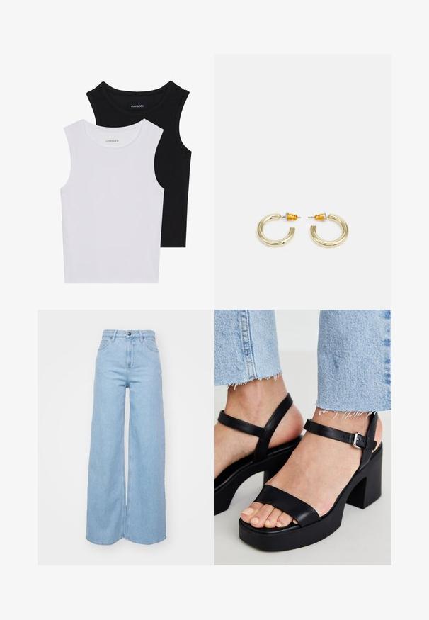 Kaksi hihattomaa toppia mustana ja valkoisena, valmistettu ribbikankaasta, jossa on pyöreät kaula-aukot ja tiukka muotoilu. Tunnisteet näkyvät molemmissa.; Lee STELLA - Relaxed fit -farkut - inner magic; ALDO CELIE - Korolliset sandaalit - black; Kultakylkiset rengaskorut, joissa on sileä, pyöristetty muoto ja kiiltävä pinta. Takana on oransseja yksityiskohtia, jotka tarjoavat turvallisen kiinnityksen.