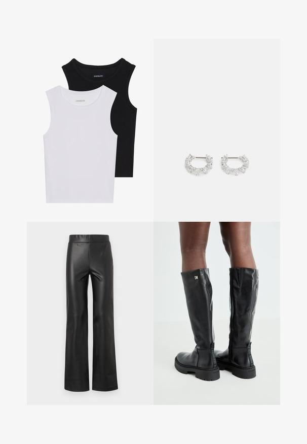 Două topuri fără mâneci, în alb și negru, fabricate din bumbac ribbed, având decolteuri rotunde și un design ajustat. Etichetele sunt vizibile pe ambele.; Pantaloni evazați din piele sintetică neagră, cu o textură netedă, talie înaltă și fără accesorii sau ornamente vizibile. Design cu picior drept.; Cizme negre din piele, până la genunchi, cu o textură netedă, vârf rotund, talpă masivă și închidere cu fermoar. Prezintă un logo argintiu pe lateral.; Cercei argintii în formă de cerc, pe care sunt așezate cristale clare, rectangulare și triangulară, dispuse într-un design patterned. Acestora le sunt atașate piese pentru o fixare sigură.