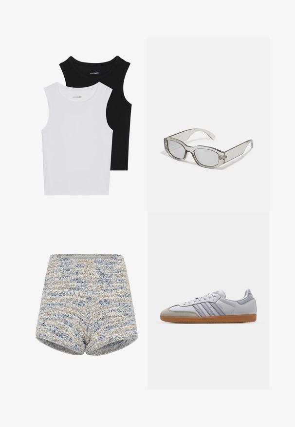 Dve brezrokavne majice v črni in beli barvi, izdelane iz rebrastega bombaža, z okroglimi izrezi in prilegajočim oblikovanjem. Oznake so vidne na obeh.; Tkanine hlače z reliefno strukturo, modrim in bež prugam, ravnim pasom in prilega obliko.; Beli usnjeni športni copati z svetlo modrimi poudarki, sivi semiš konice in rjavim gumijastim podplatom. Imajo tri modre črte in blagovno znamko "Samba".; Sive prozorne sončne naočale pravokotne oblike, s ploščatimi lečami in debelimi nogicami. Imajo subtilen detajl tečaja na templjih.