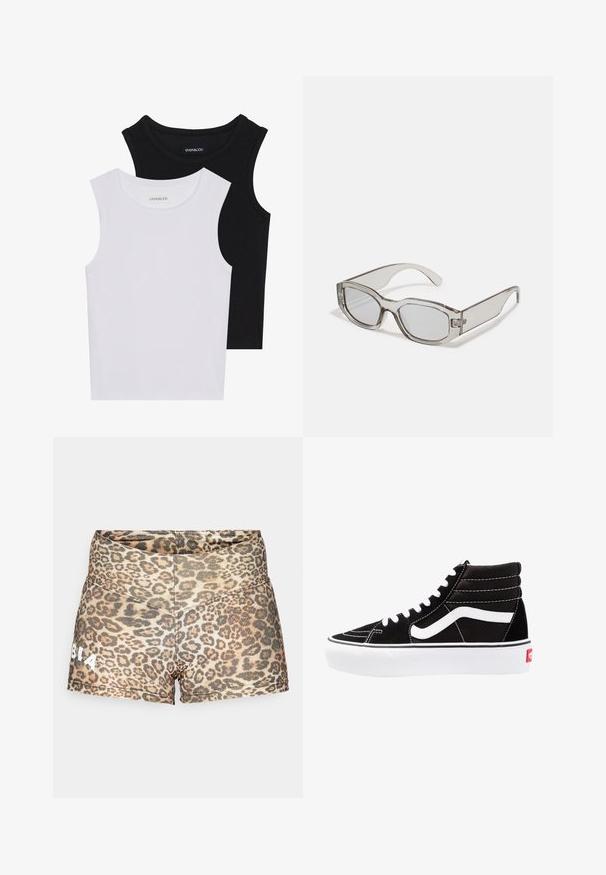 Due magliette senza maniche, in bianco e nero, realizzate in cotone a coste, con colli rotondi e un design aderente. Etichette visibili su entrambe.; Pantaloni corti con stampa leopardata in un tessuto elasticizzato, con un alto punto vita, caratterizzati da un piccolo logo bianco sul davanti e un dettaglio di superficie texture.; Scarpe da ginnastica nere alte con lacci bianchi, un logo bianco e cuciture bianche a contrasto. Presentano una suola bianca spessa e una parte superiore in suede textured.; Occhiali da sole grigi traslucidi con forma rettangolare, lenti piatte e aste spesse. Presentano un sottile dettaglio a cerniera sulle tempie.
