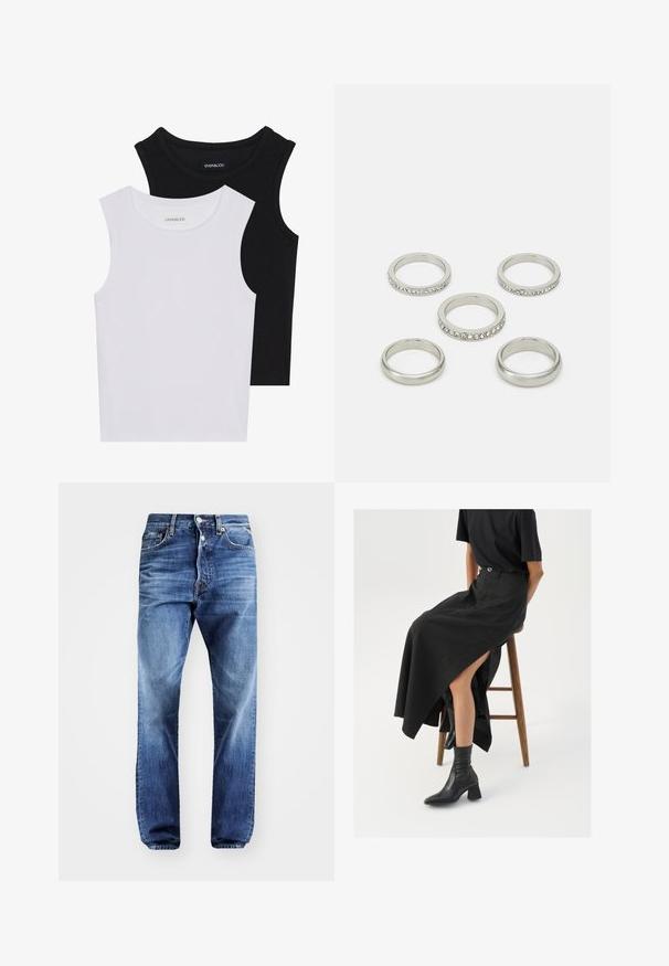 Kaksi hihattomaa toppia mustana ja valkoisena, valmistettu ribbikankaasta, jossa on pyöreät kaula-aukot ja tiukka muotoilu. Tunnisteet näkyvät molemmissa.; Vaaleansiniset farkut, joissa on suora malli, viisi taskua ja nappisuljenta. Haalistunut pinta, jossa on hienovarainen kulutusedustus.; Musta pellavasta valmistettu maxi-hame, jossa on korkea halkio, puettuna mustan t-paidan ja mustien nilkkabootsien kanssa. Minimalistinen muotoilu, rento istuvuus.; Sarja viisi hopeasormusta eri muodoissa, mukaan lukien yksi, jossa on rivi kirkasta kiveä. Tasainen ja heijastava metallipinta.
